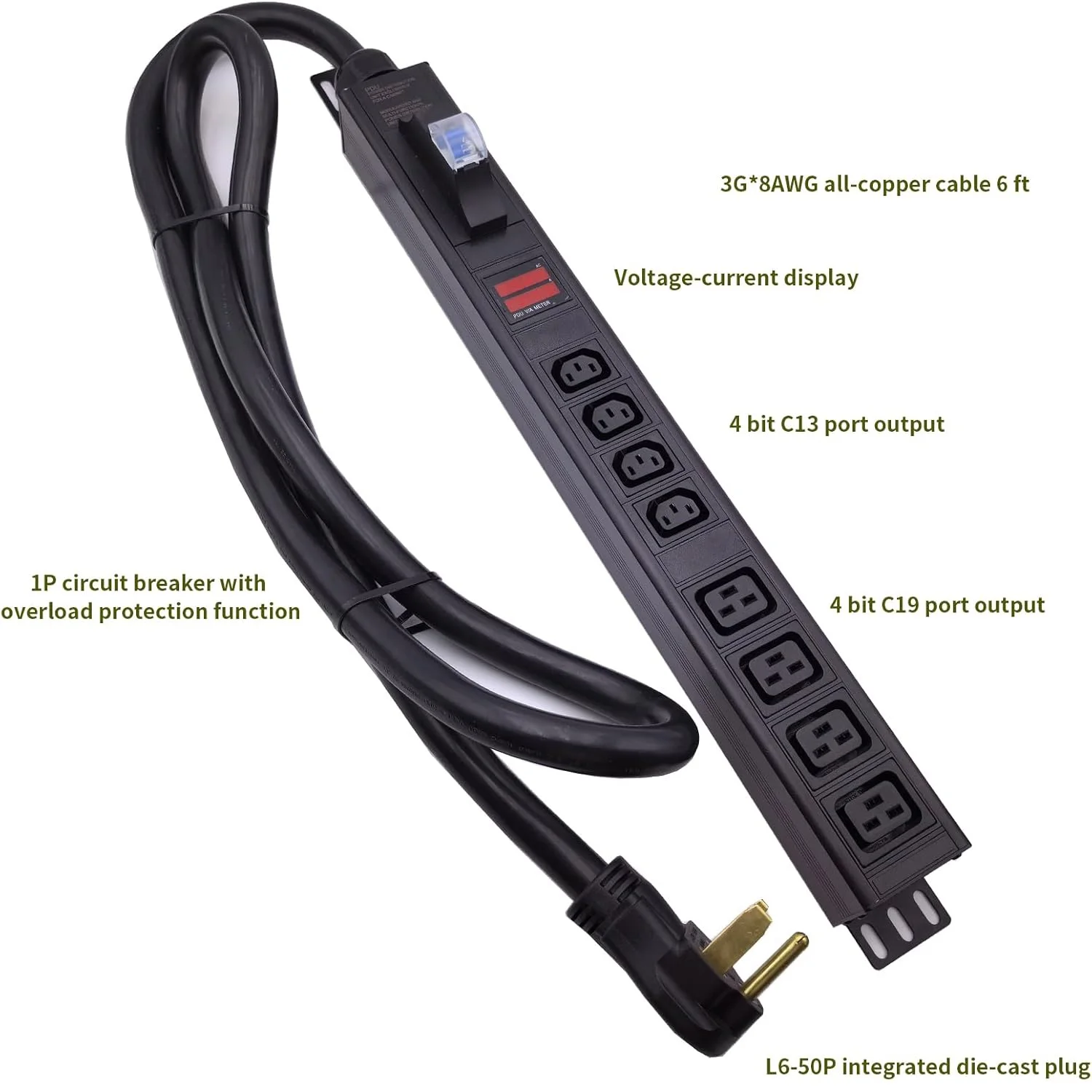 240V 50A Data Center Server Cabinet PDU L6-50P with 8 Outlets IEC 4C13/4C19 Metered Aluminum Alloy Rack Mount Power Socket