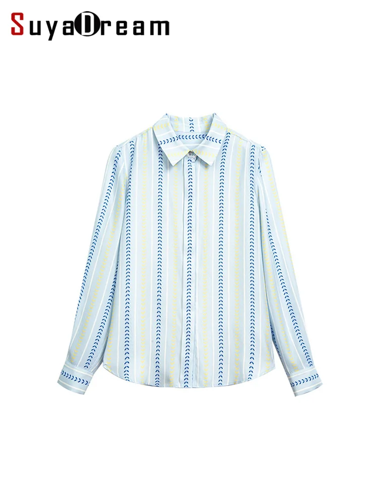 SuyaDream, Woman Striped Shirts, 100%Silk Crepe, Printed Light Blue Blouses, 2024 Spring Autumn Office Lady Top