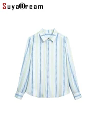 SuyaDream, Woman Striped Shirts, 100%Silk Crepe, Printed Light Blue Blouses, 2024 Spring Autumn Office Lady Top