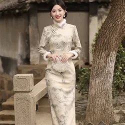 Mandarin Collar Chinese Traditional Dress Vintage Printed Cheongsam Plus Size Slim Classic Elegant Qipao Winter Thickened Qipao