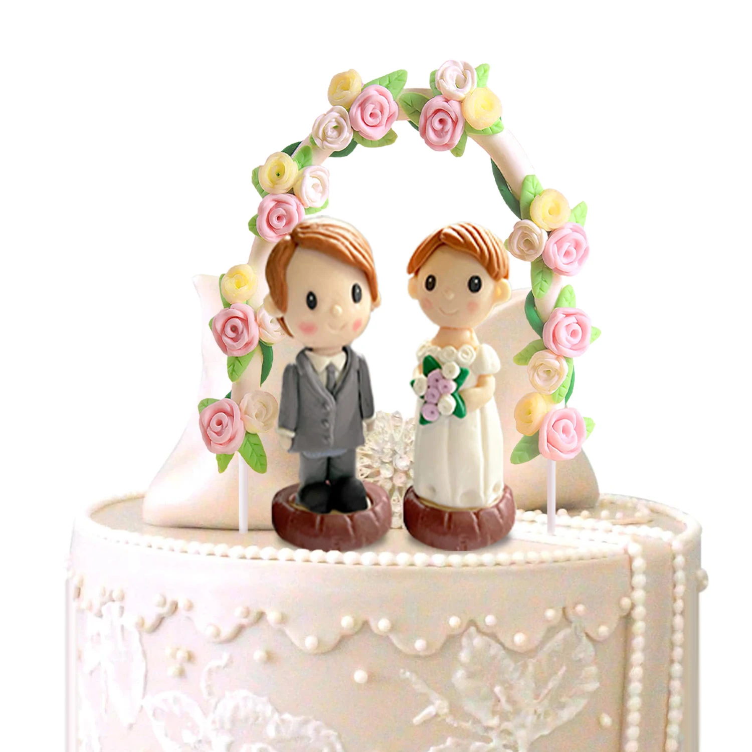 Hochzeit Dekor Ornamente Braut und Bräutigam Figur Rose Bögen Valentinstag Kuchen Dekor Handwerk Harz Dessert Topper Puppe Liebhaber