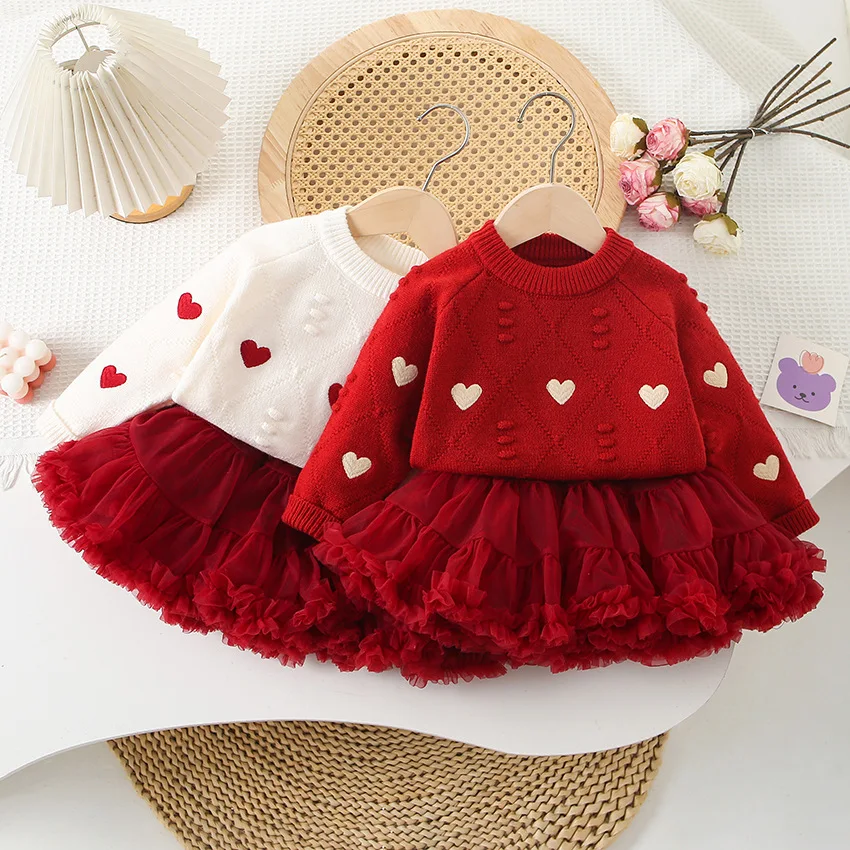 Spring Autumn 1-6Y Girls 2PCS Dress Set Heart Embroidery Round Collar Kid Girl Sweater Toddler Baby Girls Mesh Bubble Skirt Suit