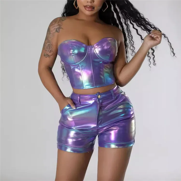 Women Sexy Strapless Corset Crop Tops Shorts Party Clubwear Suits Metallic Gilding Faux Leather Two Piece Set