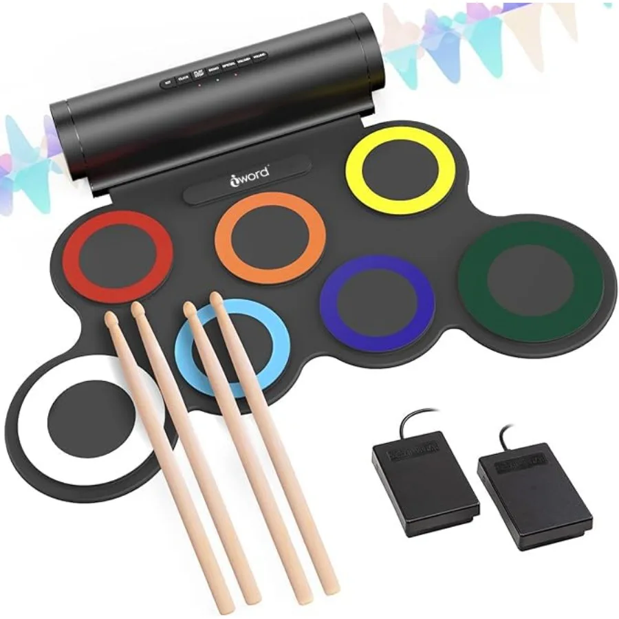 

Electronic Drum Set Roll Up Practice Pad with Headphone Jack Built-in Speaker and Pedals 10-Hour Playtime Ideal for ' Holiday G