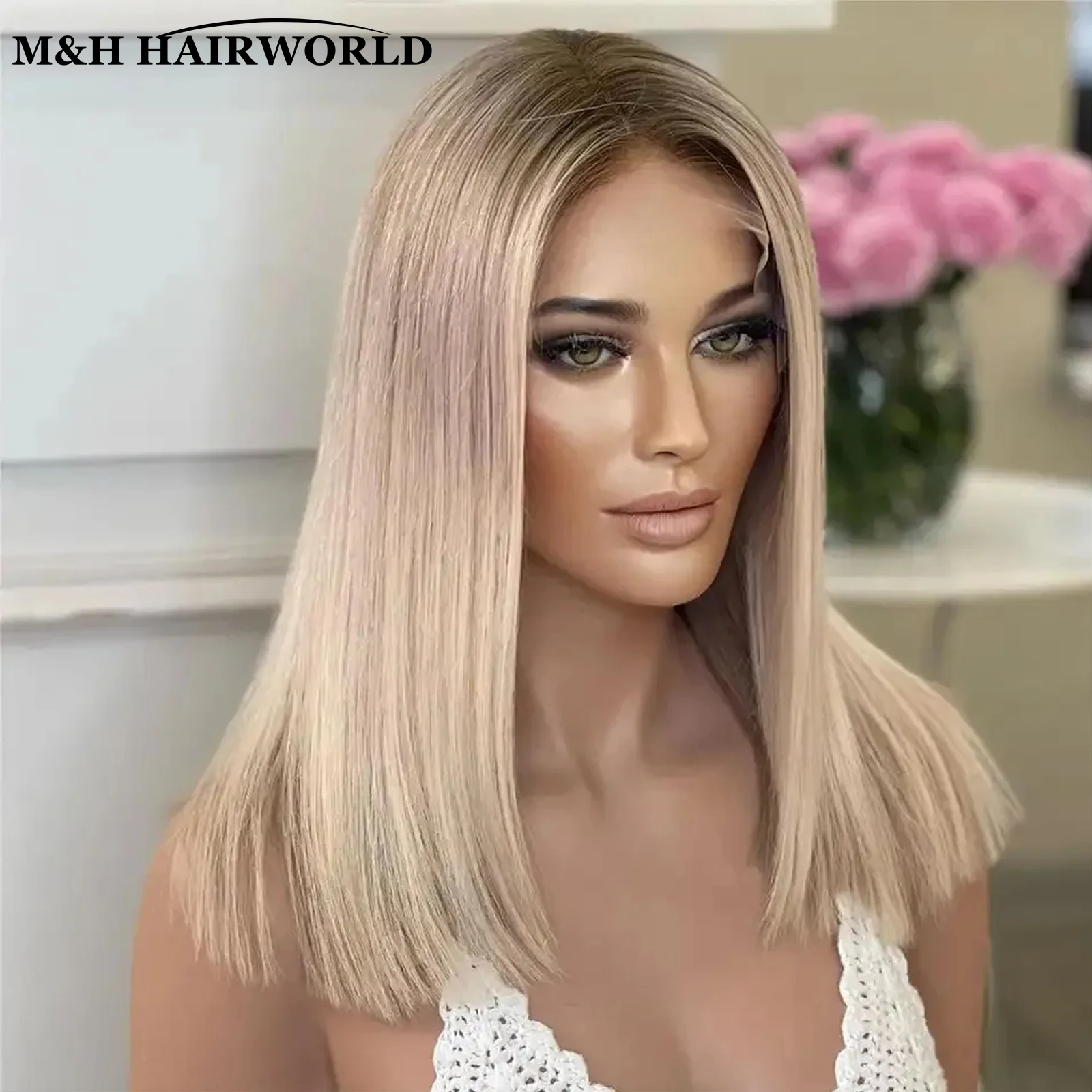 Ash Blonde Highlight Color Short Straight Bob Lace Front Wigs For Women Long Synthetic Hair Wig Dark Roots 13x3 Lace Frontal Wig