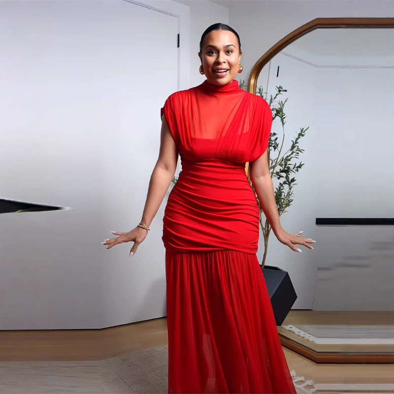 

Dresses Fall-Summer 2025 Women's Temperament Half-Turtleneck Mesh Stitched Long Skirt