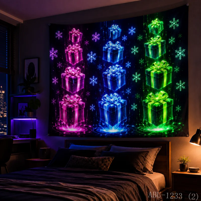 VIKAMA Three Color Vertical Neon Gift Box Snowflake Rain Christmas Tapestry HD Background Wall Room Decoration