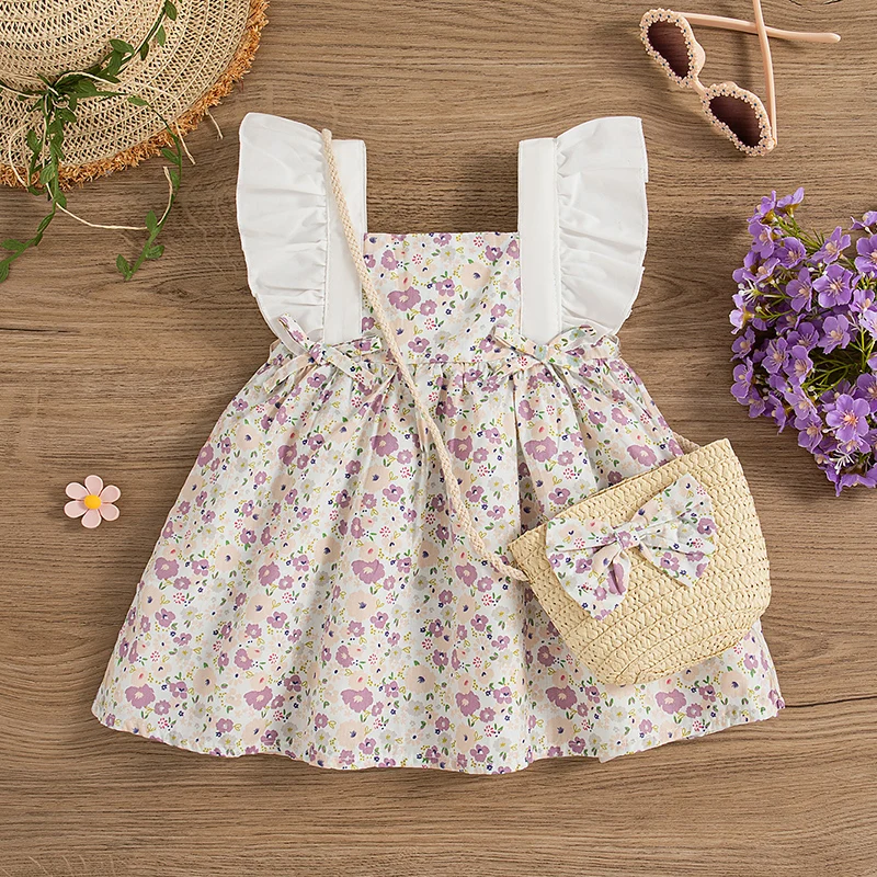 New Summer Floral Baby Girl Dress From 9 Months To 3 Years Old, Cute Bow Children\'S Sleeveless Clothes With Free Bag