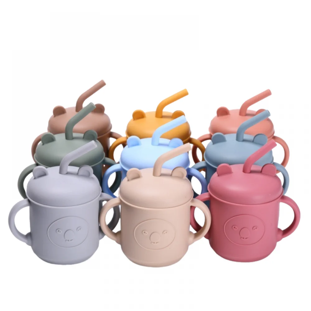 Beadsnice 1PCS Baby Silicone Sippy Cup with Two Straws Portable Baby Learning Feeding Cup Drinking Bottle Milk Cup for Children