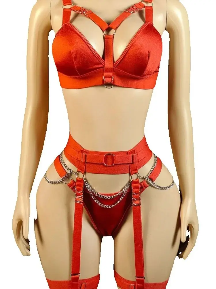 

Модный комплект эротического белья SsTss из 4 предметов: красный бюстгальтер пуш-ап с металлическими кольцами и бретелями, трусики и пояс для чулок с цепочками