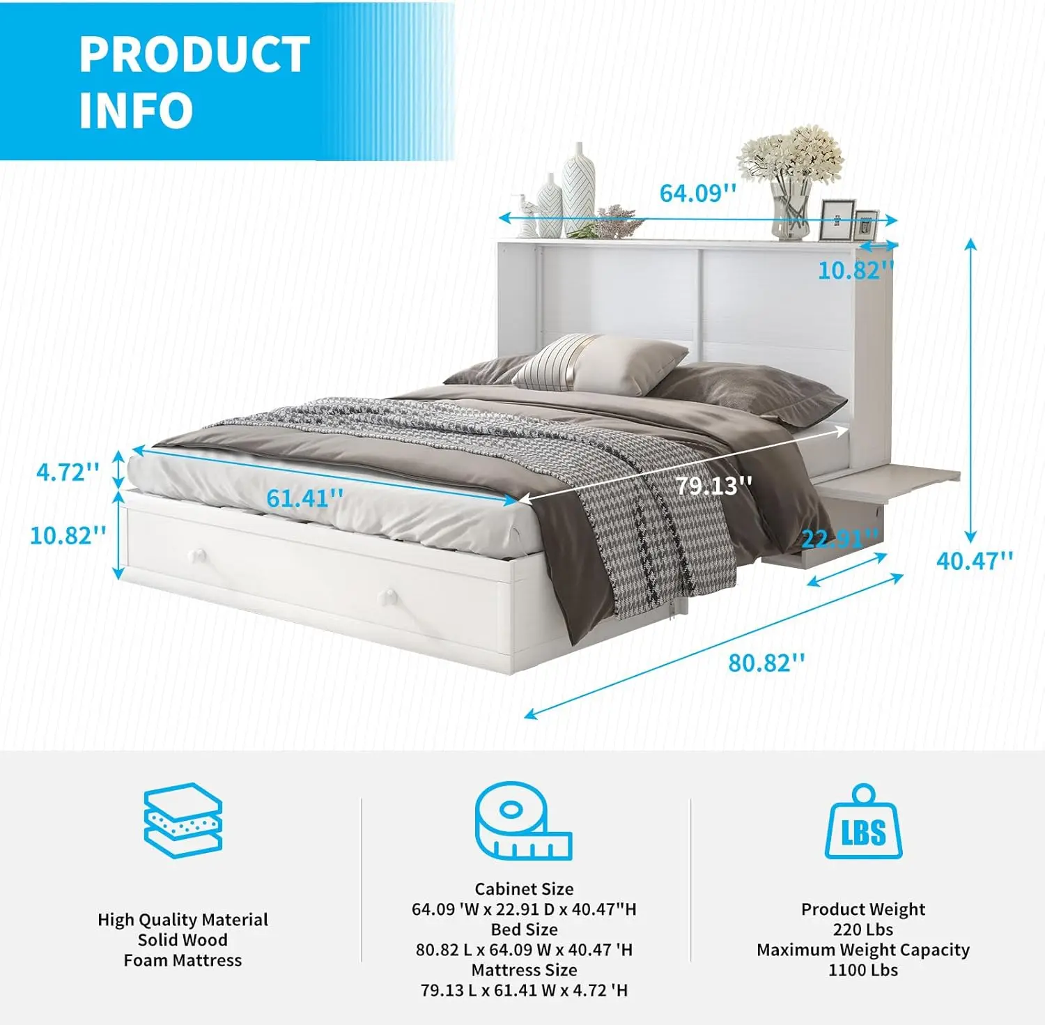 Queen Size Murphy Bed With Folding Mattress, Multi-Functional Murphy Cabinet Bed With Usb Charging Station, Murphy Cube Cabinet