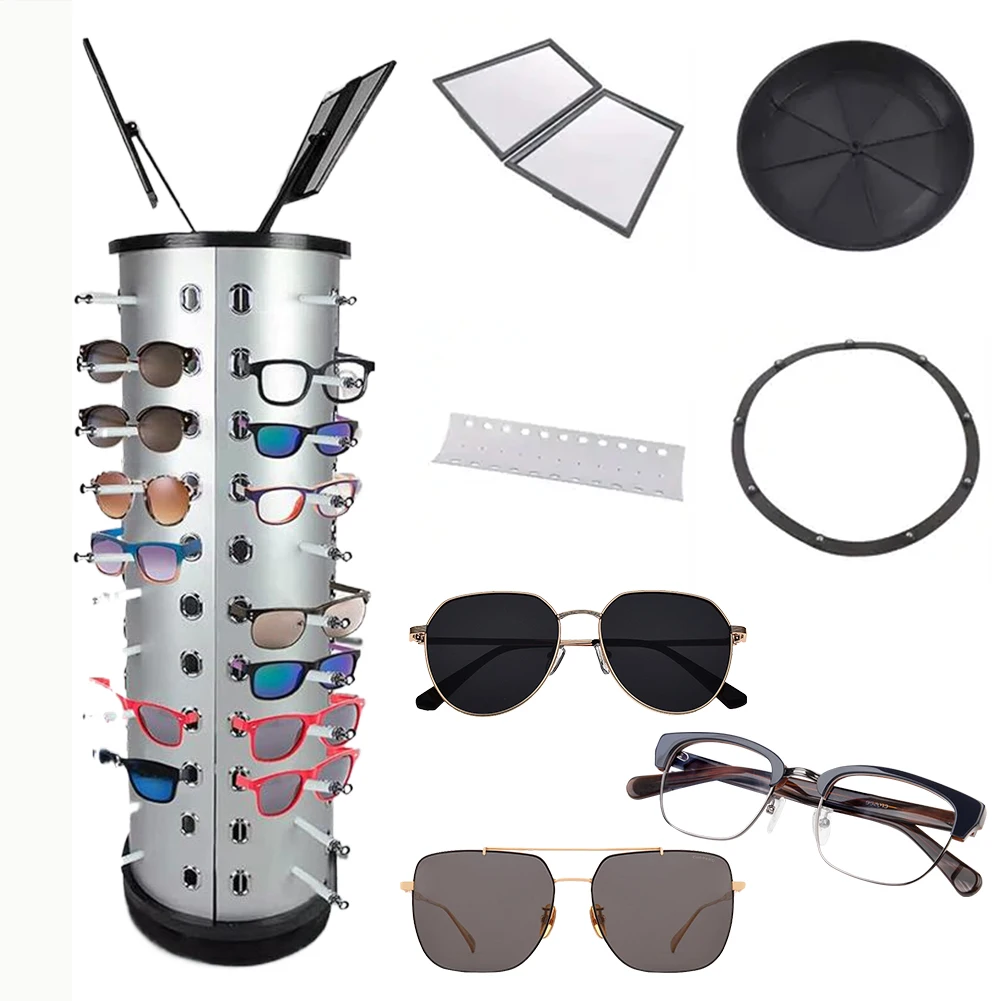 

360 Rotating Eyewear Collection with Mirror Eyeglass Display Rack 44 Pairs of Glasses Storage Freestanding Glasses Stand Holder