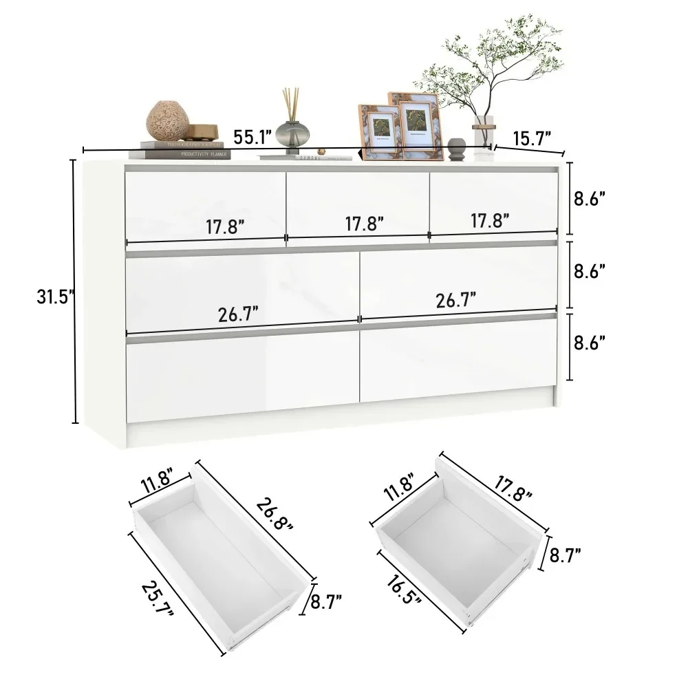 

7 Drawer Dresser for Bedroom, 55 Inch Modern Dresser with High Gloss Drawers, Large Wood Chest of Drawer, White/Black