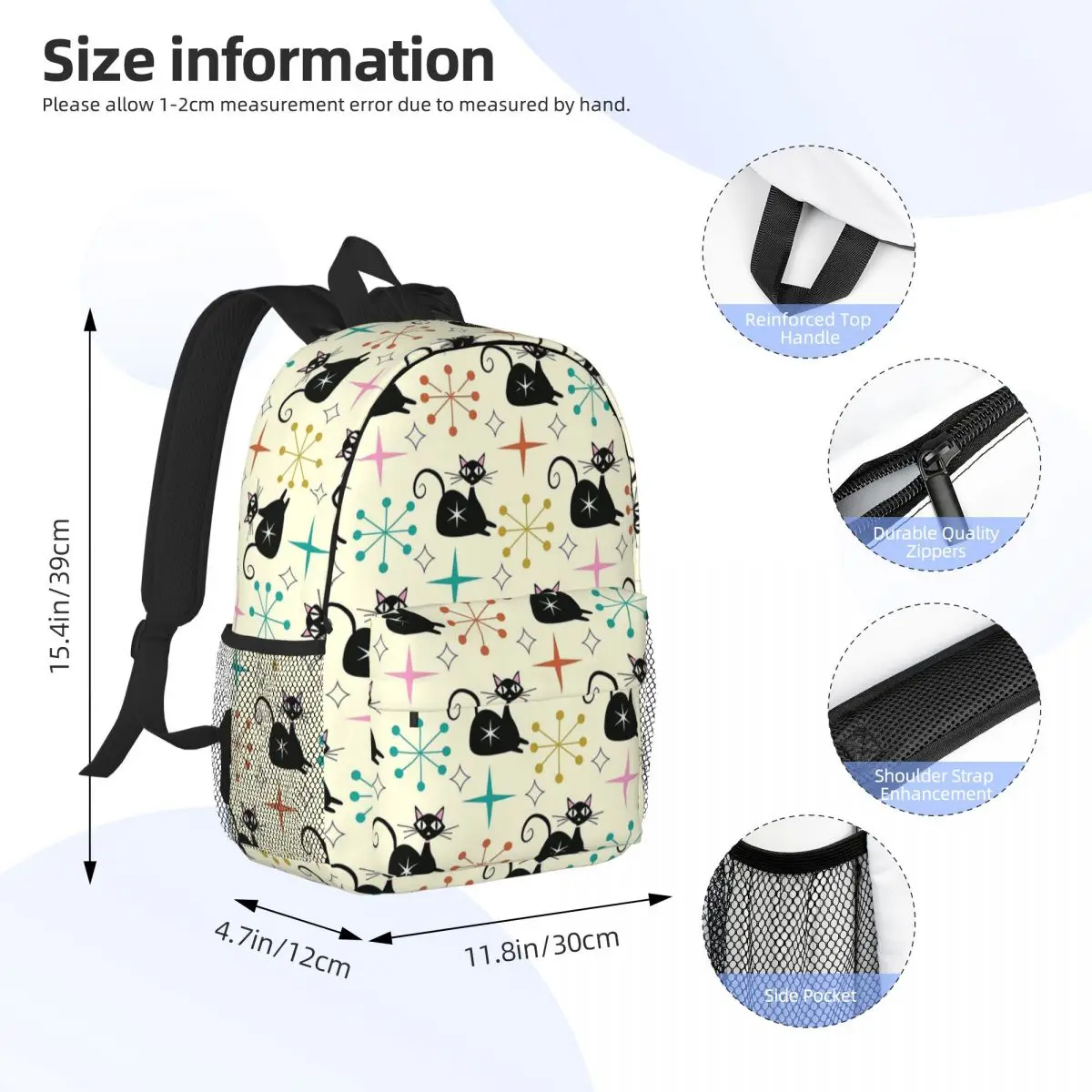 Mid Century Black Atomic Cat With Starbursts Backpack Student Boys Girls BookBag Men Women School Bag Computer Shoulder Bags