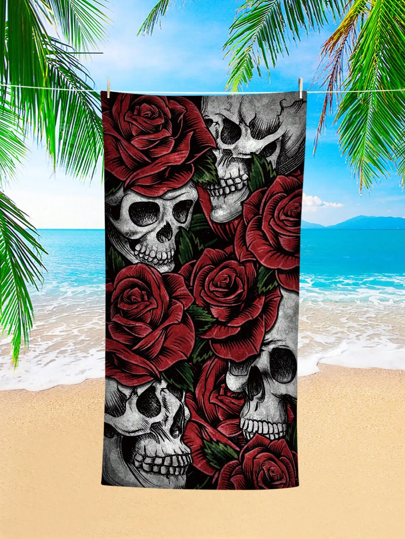 منشفة الشاطئ Rose Skull - كبيرة جدًا من الألياف الدقيقة فائقة الامتصاص وسريعة الجفاف، مثالية لحمام السباحة والشاطئ واليوجا والتخييم