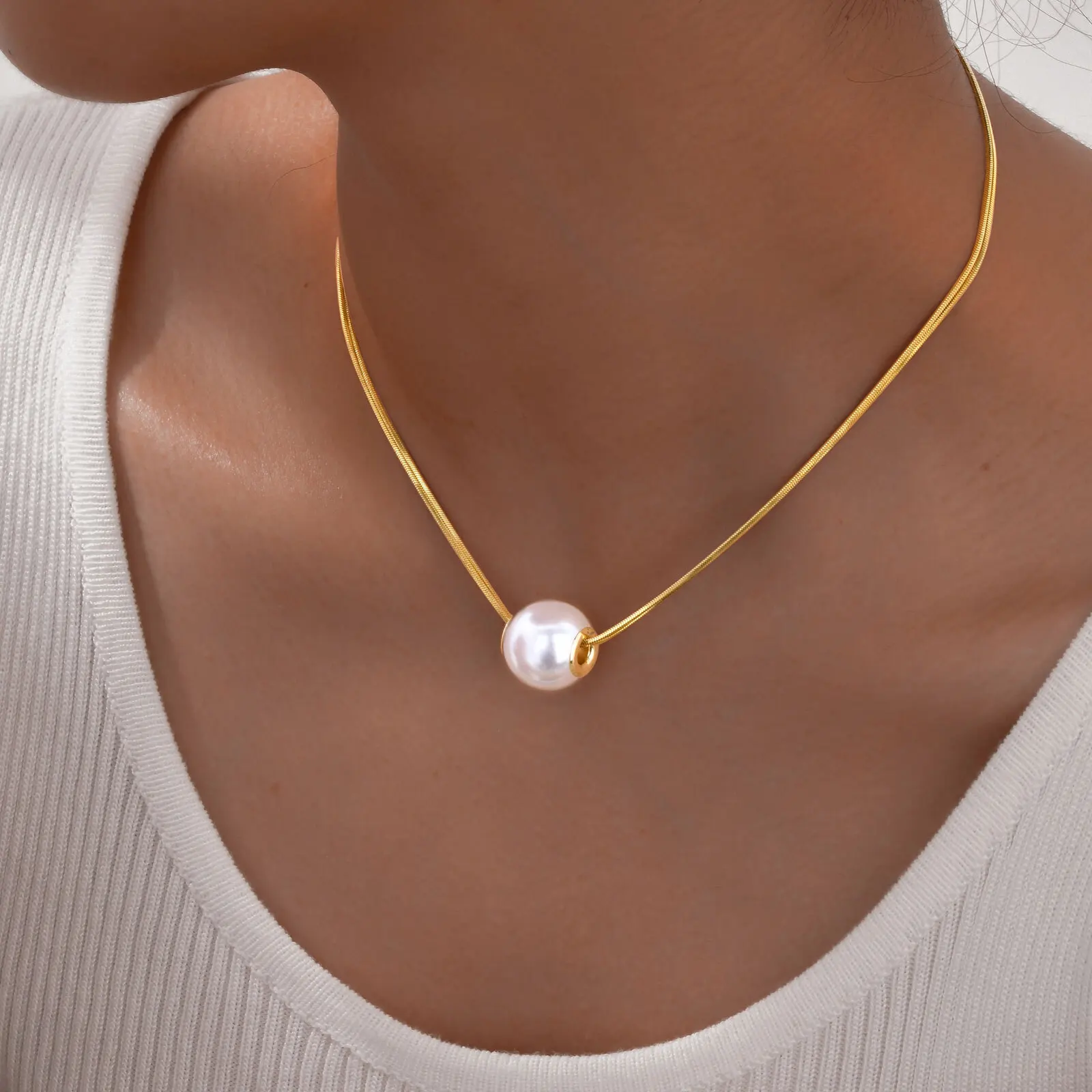 Dubbele lagen schakelketting parel hanger ketting voor dames, vergulde roestvrijstalen waterdichte sieraden