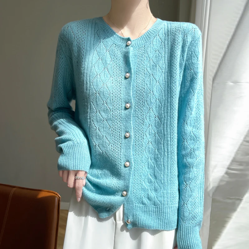 

DjzDsmSpring/Autumn 100% Merino Wool New Fashion Women's Crewneck Sweater Pearl Buckle Hollow Long Sleeve Knitted Cardigan Women