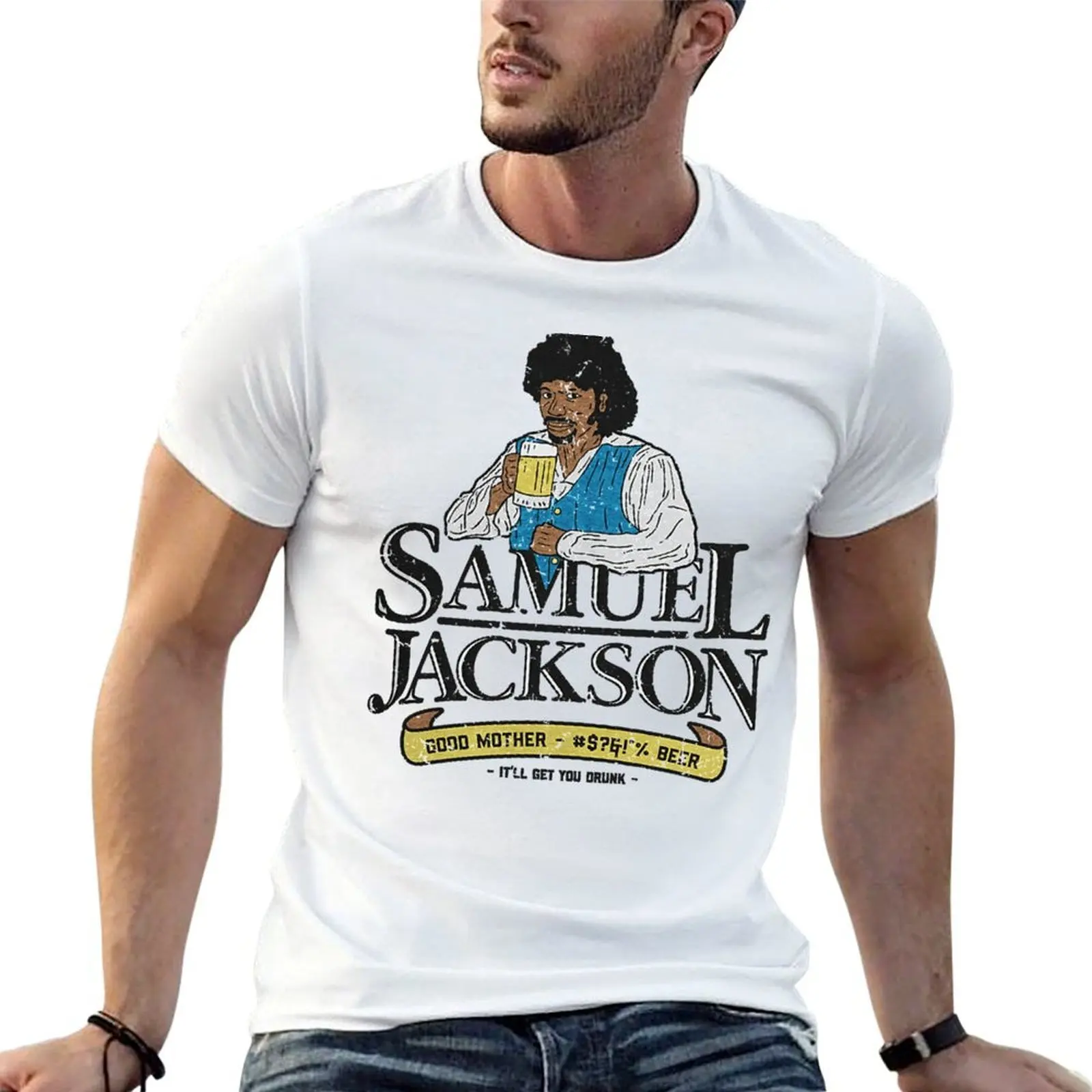 SAMUEL JACKSON BEER RETRO T-Shirt summer top summer shirt Men's clothing