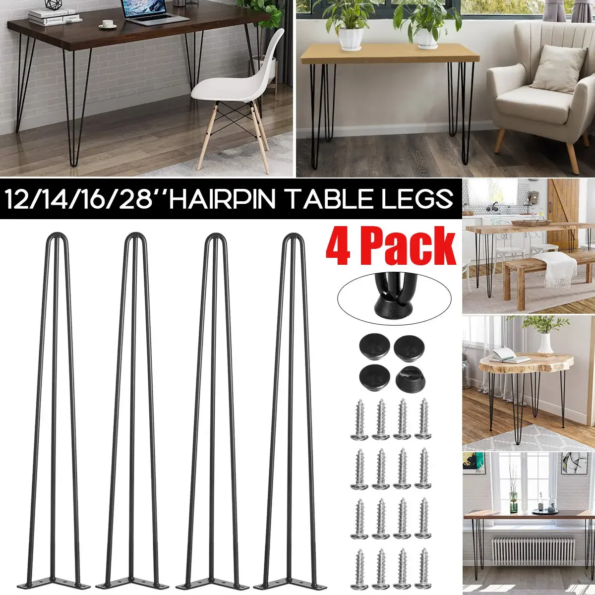 

4PCS Black Heavy Duty Hairpin Furniture Legs Metal Home DIY Projects For Table Coffee Table Desk With Rubber Floor Protectors