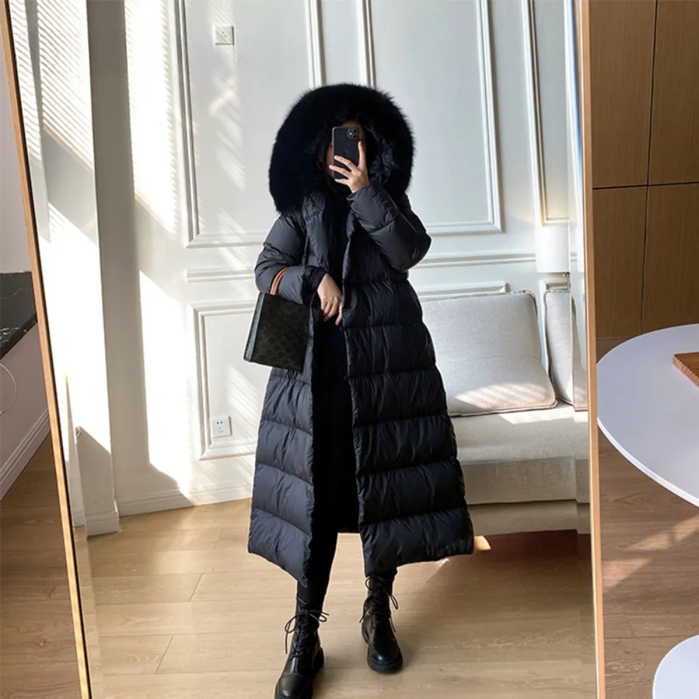Echtpelz Jacke 2024, Winter Frauen Weiße Ente Unten Jacken Ultra Licht Warme Lange Parkas Fuchs Pelz Kragen Weibliche Mit Kapuze Schnee mäntel
