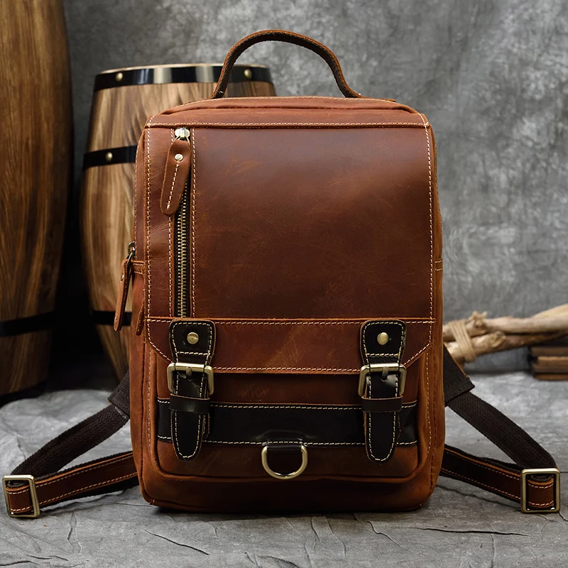 Vintage Genuine Leather Single Shoulder Bapack Chest Bag Dual Use Leather bags Men travel bag outdoor cowhide bags mini backpack