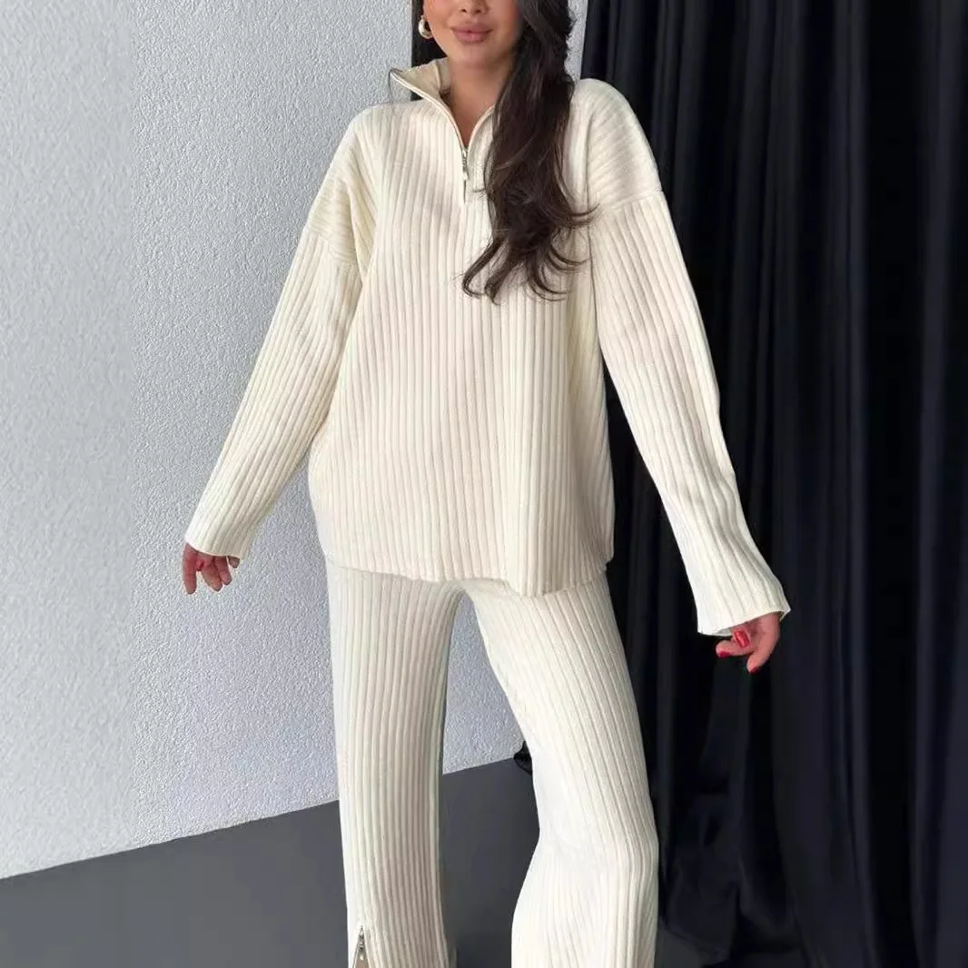 2024 Winter Two Piece Sets Women Clothing Autumn Fashion Casual Zipper V Neck Pullover Top Loose Pit Knitted Sweater Pants Suits