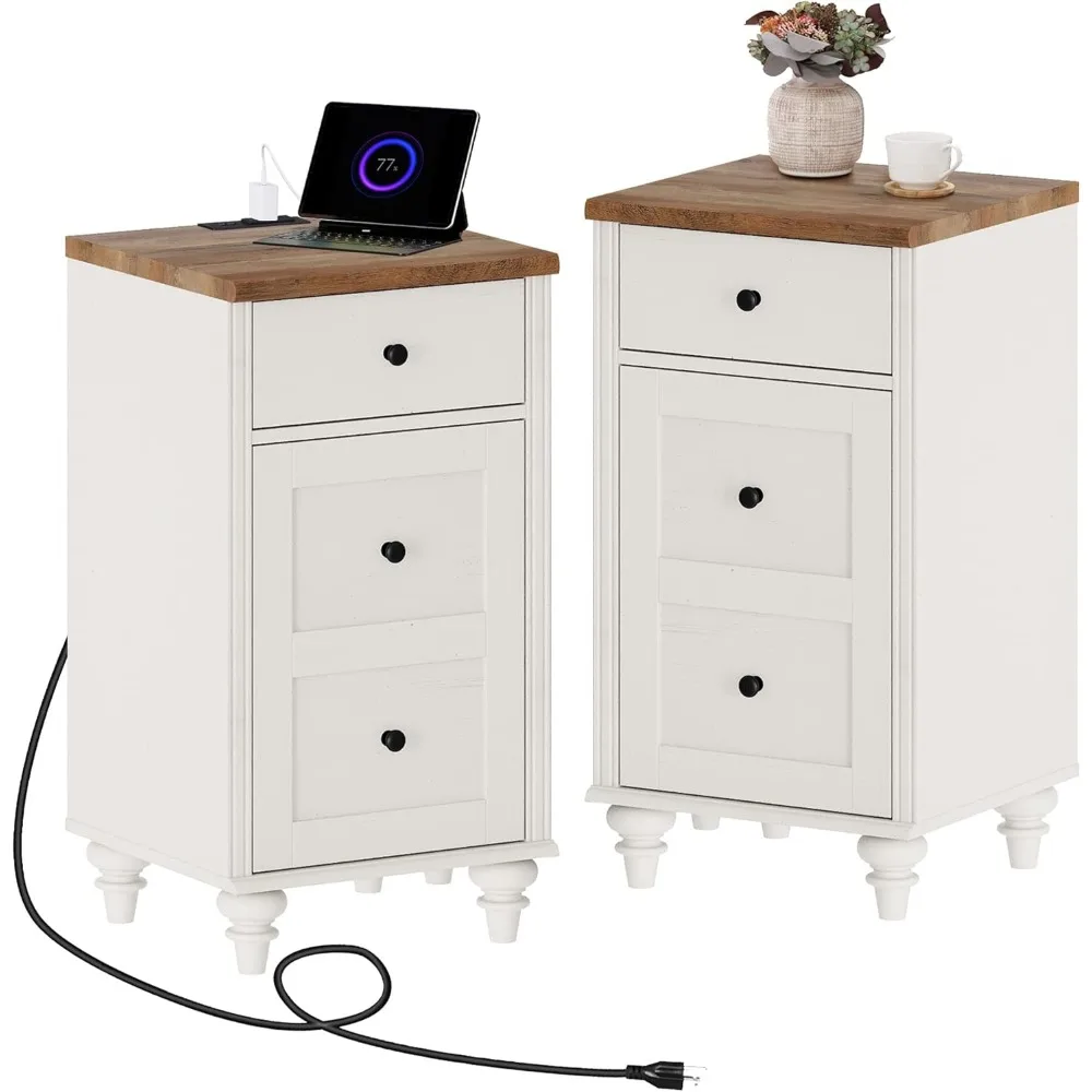 

Set of 2 End Table with Charging Station, Wood Nightstands with Drawer and Storage Cabinet, Modern Side Tables Living Room