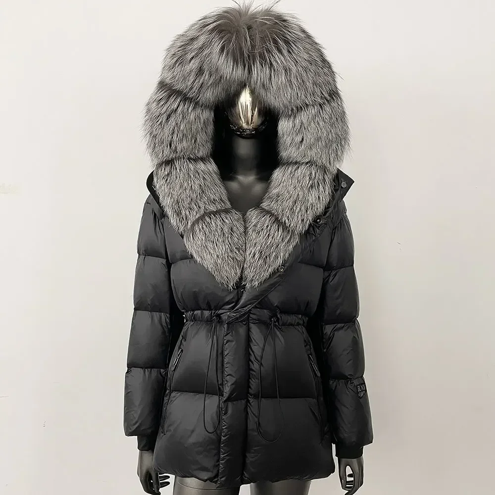 

White Goose Down Jacket Women New Natural Thick Warm Real Big Fox Fur Collar Belt Loose Puffer Parka Winter Real Fur Coat