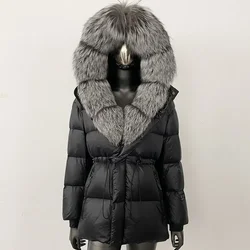 White Goose Down Jacket Women New Natural Thick Warm Real Big Fox Fur Collar Belt Loose Puffer Parka Winter Real Fur Coat