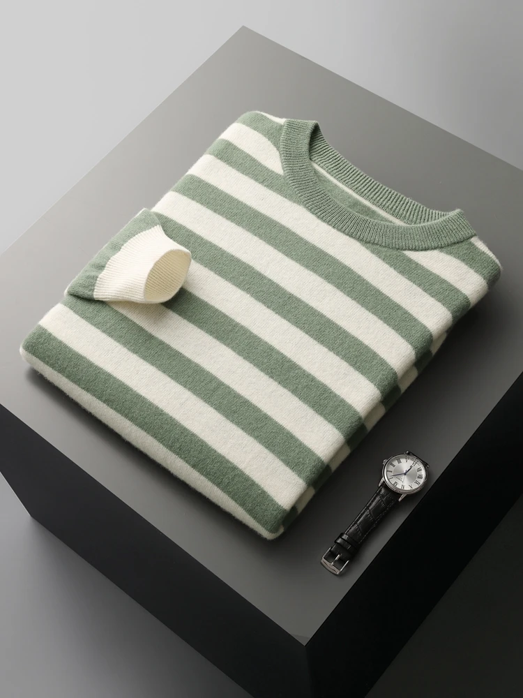 Men's O-neck Striped Wool Pullover Basic Casual Long Sleeve Cashmere Sweater  Autumn Winter 100% Merino Wool Knitwear Tops