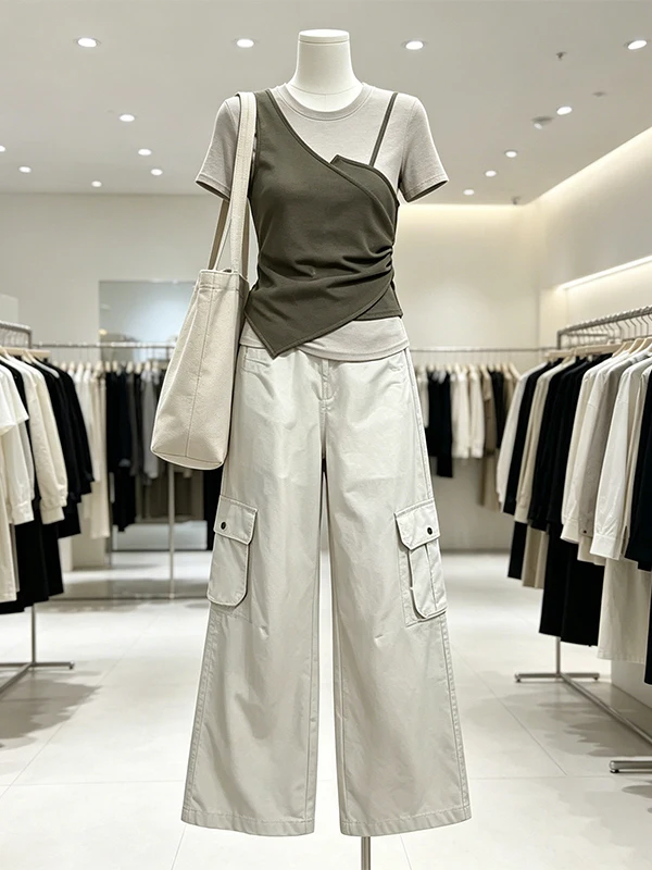 

Large Size Women's Summer Casual Workwear Pants Set High Waist Long Pants Short Sleeve round Neck Fashion Set Two Pieces