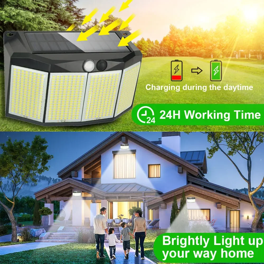 576 LED Solar Power Light Motion Sensor Outdoor Waterproof 3 Mode Security Spotlight for Outside Pathway Yard Garden Garage Lamp