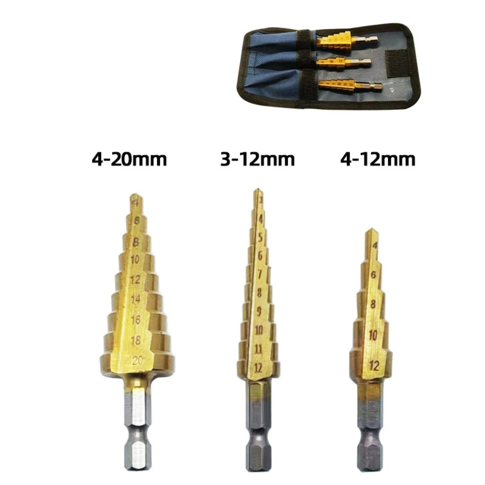 

3pcs/set Step Drill Bit Straight Groove Titanium Coated Wood Metal Hole Cutter Core Drilling Tools Set 3-12mm 4-12mm 4-20mm