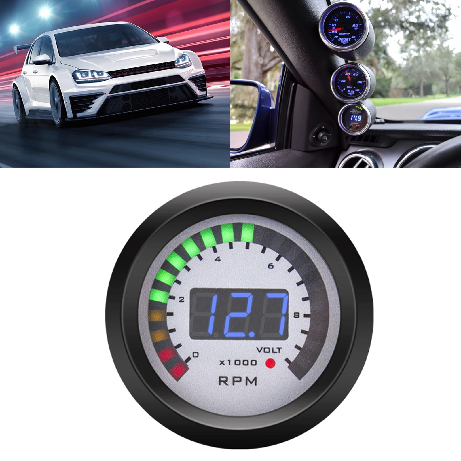 Digital Tachometer 52mm/2in 0‑9999 RPM Replacement for 12V 4/6/8 Cylinder Gasoline Vehicles