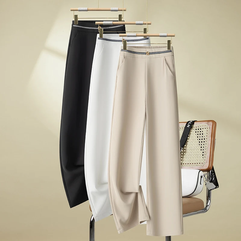 

White suit-style narrow wide-leg pants for women, summer style, elastic, loose, drapey, casual straight-leg pants for middle-age
