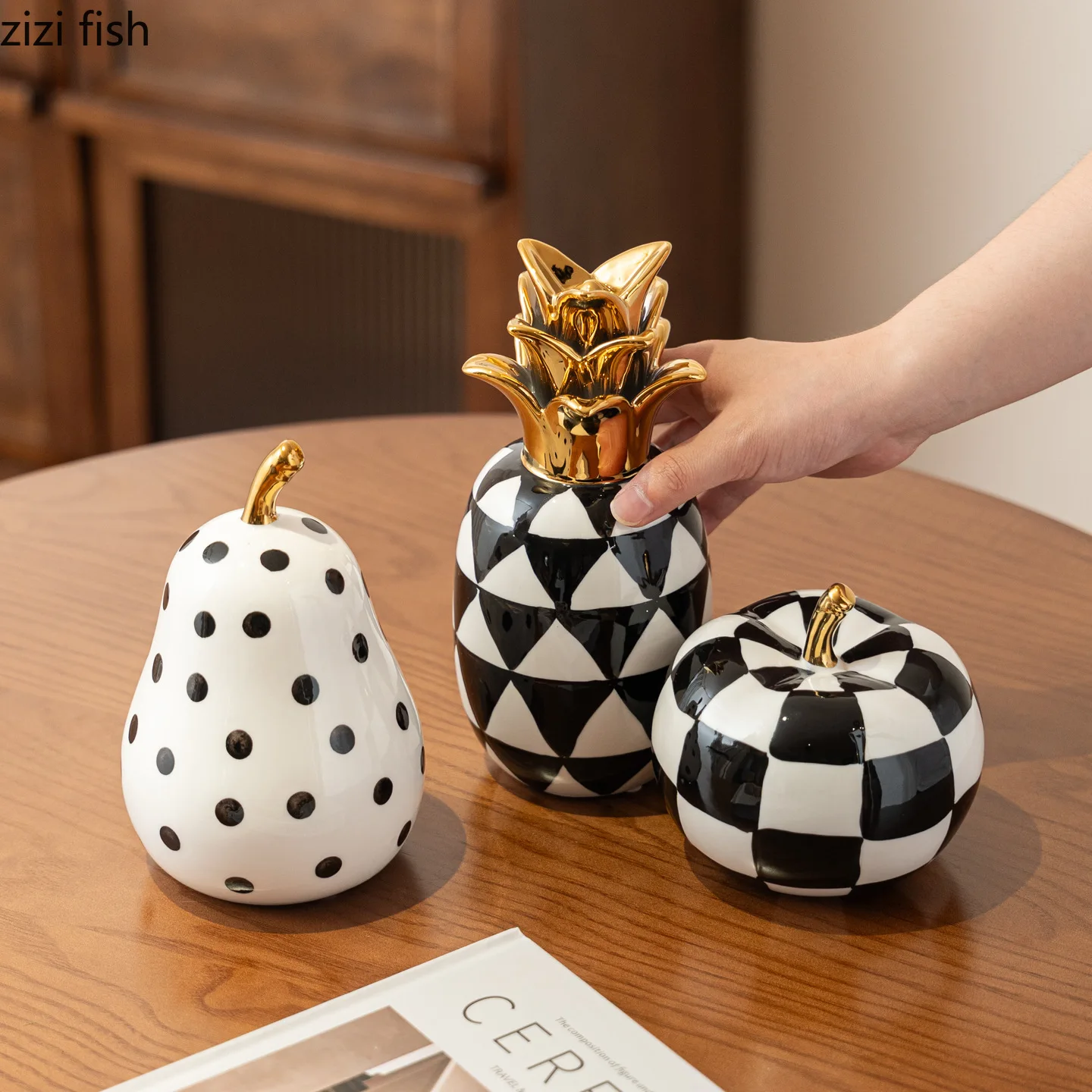Simulated Fruit Ceramic Ornament Apple/Pear/Pineapple Statue Desktop Creative Sculpture Decoration Crafts Home Decoration