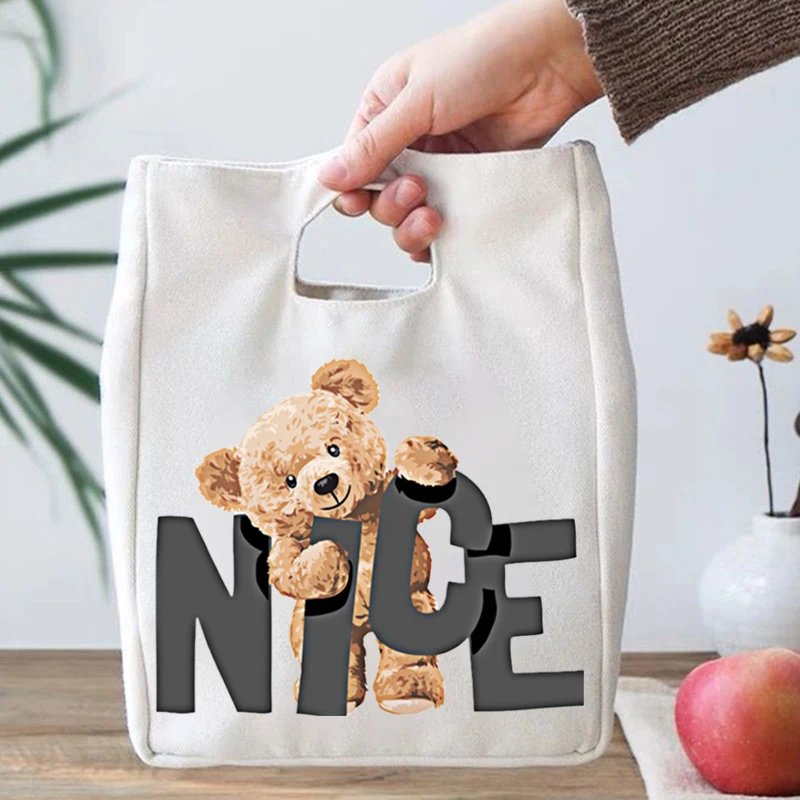 Teddy Bear Printing Lunch Bags Women Men Portable Insulated Tote Bags Selfie Bear Graphics Thermal Foods Eco Kids Lunch Bags