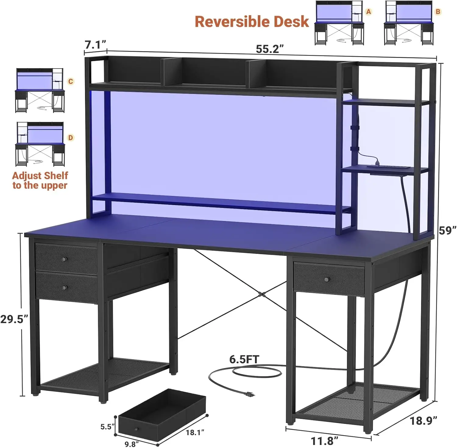 Aheaplus-Bureau Met Led En Stopcontacten, Speelbureau Met Hok, 47.2 ''Computerbureau Met Lades, Omkeerbaar Kantoor