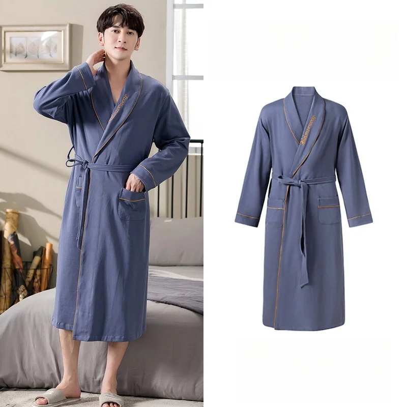 Spring Autumn Men's Nightgown Pure Cotton Long Sleeve Cardigan Bathrobe Loose Casual Plus Size Night-robe Kimono Morning Robe