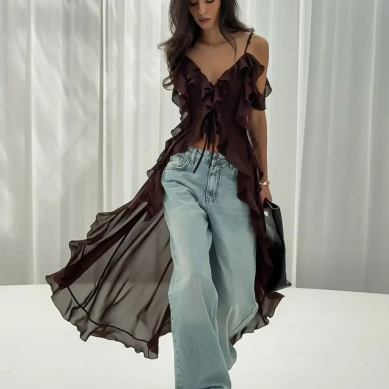 

2025New Ruffle Halter Dress Summer Sexy V Neck Lace-up Irregular Dress Female Fashion See Through Pleated Sleeveless Women Dress