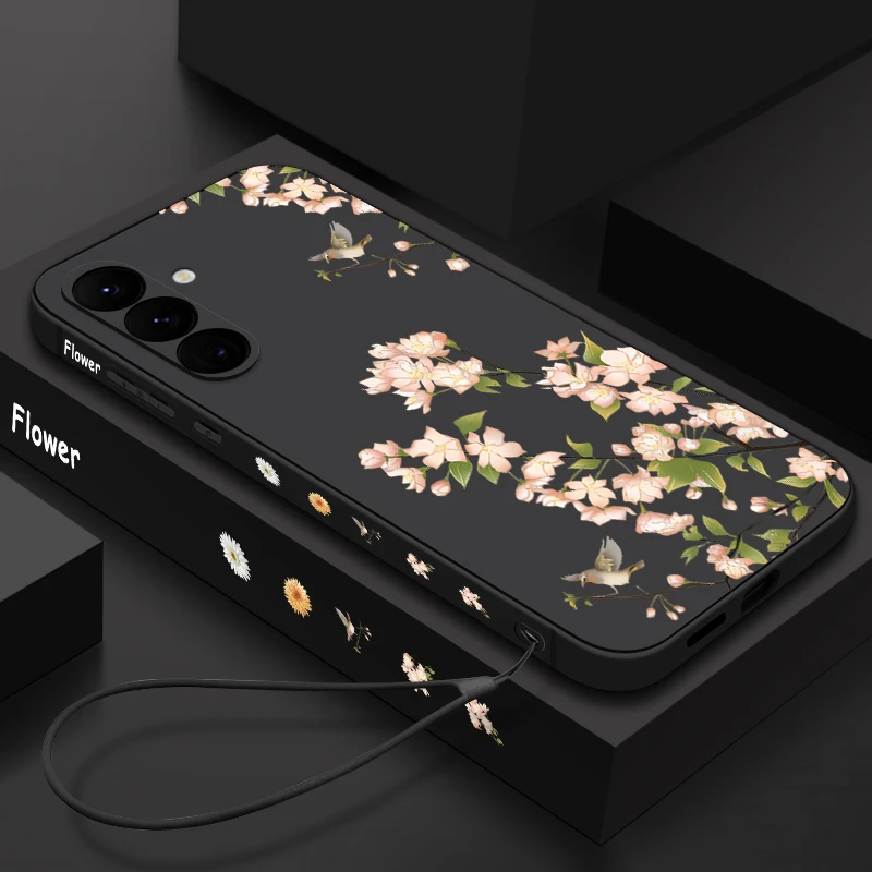 Pink Flowers Pattern Phone Case For Samsung Galaxy A55 A53 A54 A35 A15 A16 S25 S22 S23 S24 Ultra S23 FE Soft Hand Lanyard Cover