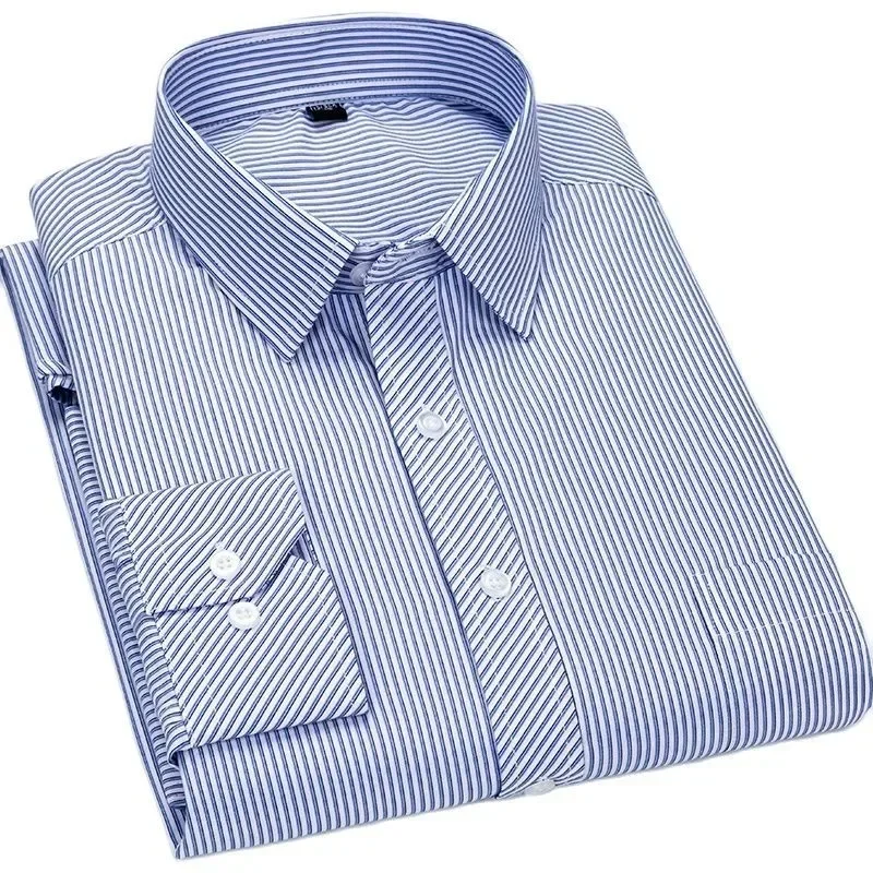 

New Formal Fashion Social Long Sleeved Business Work Plus Size Mens Striped Dress Shirts Smart Casual Shirt SIZE 47 48