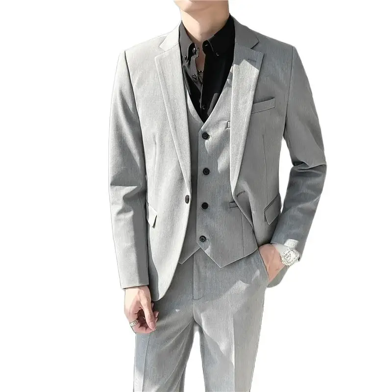 Lansboter Gray Men Suit 3 Pieces Solid Color Slim Fitting For Business Leisure Commercial Wedding Dresses Jacket Vest With Pants