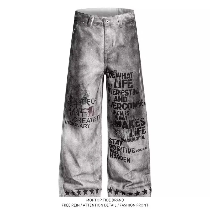 

Джинсы унисекс Mr. WH в американском стиле с эффектом потертости и буквенным принтом, свободные широкие брюки, повседневные джинсы с дизайнерским акцентом