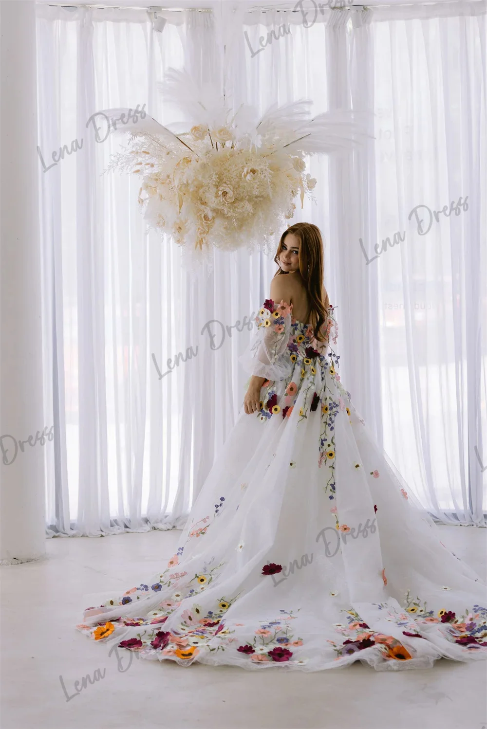 Lena Evening Gown White Elegant Luxury Evening Dress 2024 Line A Handmade Flowers Wedding Party Dress Es Lace Prom Dresses 2024