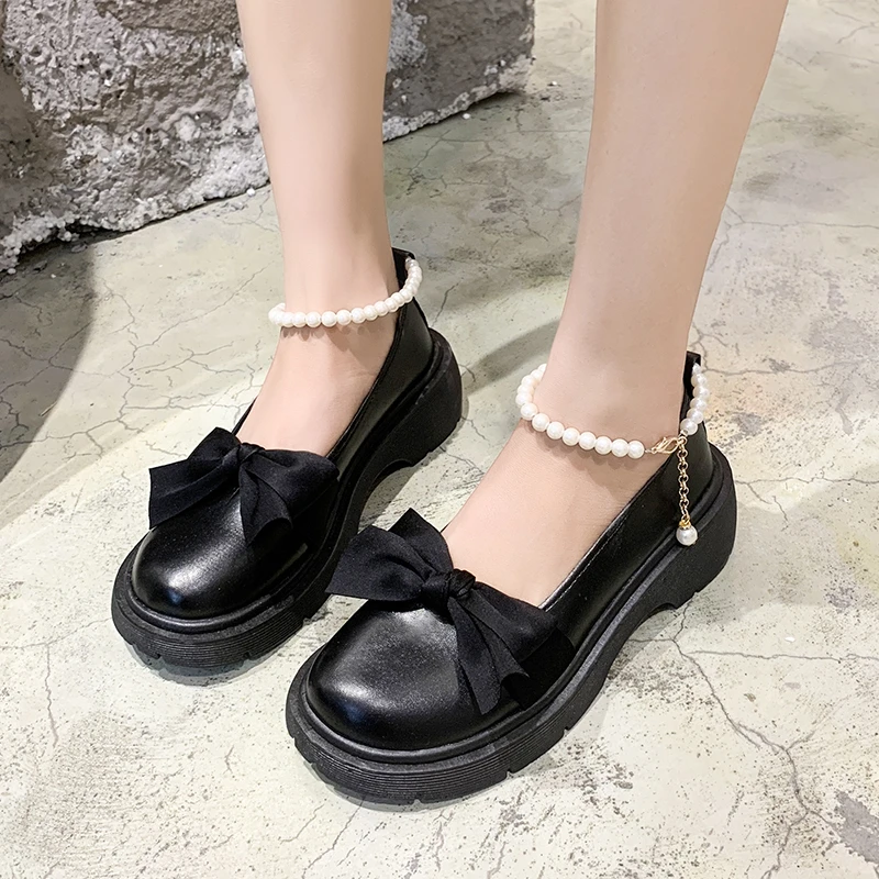 Women's Thick Sole Mary Jane Shoes Party High Heels 2024 Fall New Shoes Bow Chain Women's Shoes Fashion Oxford