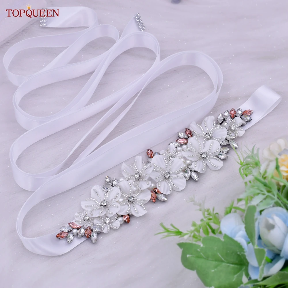 TOPQUEEN-S64 Cinto de flores para mulheres, faixa no vestido, cinto nupcial, dama de honra, acessórios do casamento, Rhinestone Applique, vestido de festa feminino Sash, novo