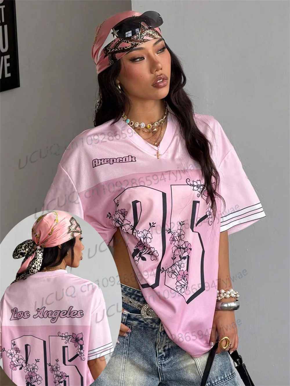 Japanese Cherry Blossom Digital Graphic Jersey V-Neck Fashionable Street Top Pink Casual Party Tee Summer Women'S T-Shirt