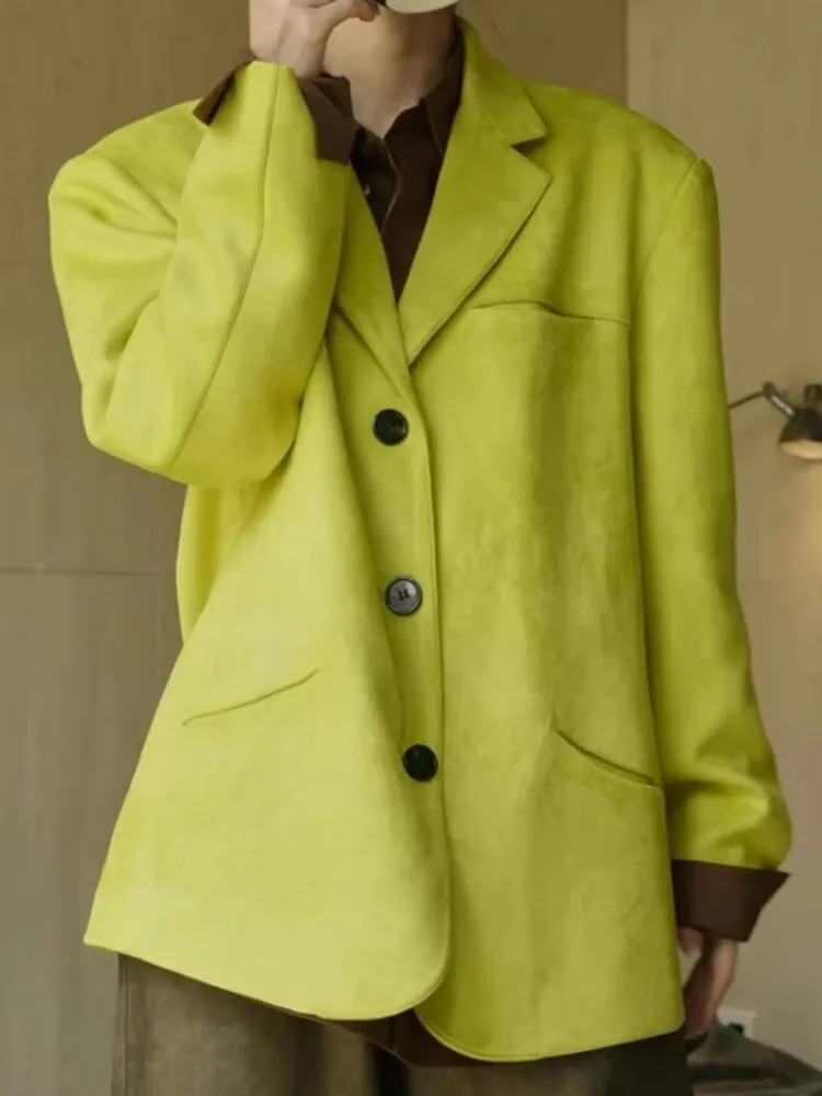 Vefadisa 2025 Spring Autumn New Women Yellow Green Suit Coat Notched Long Sleeve Suede Curved Suit Casual Suit Coat ZXY1470A