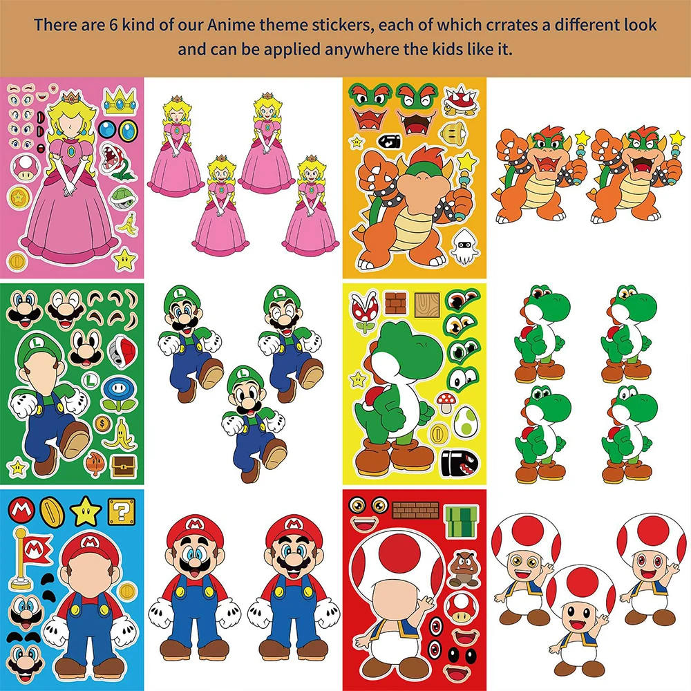 6/12sheets Super Mario Bros Puzzle Stickers Game Kawaii Figure Make A Face Stickers Cute Cartoon DIY Funny Sticker Toy Kids Gift